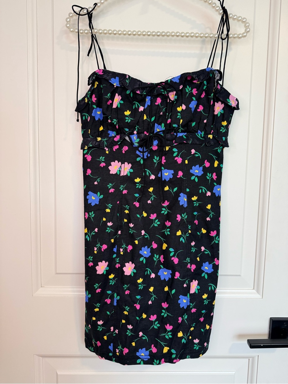 For Love & Lemons Black Floral Tie-Shoulder Robin Mini Dress Medium